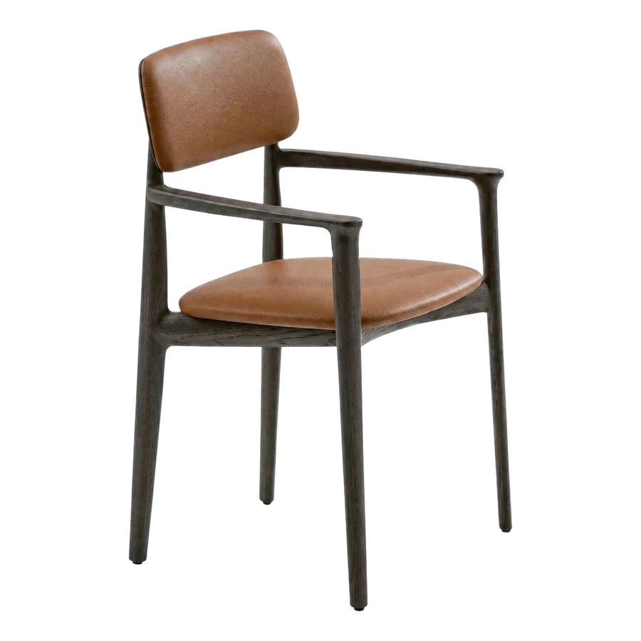 Modern Armchair with Tan Leather and Dark Wood Frame