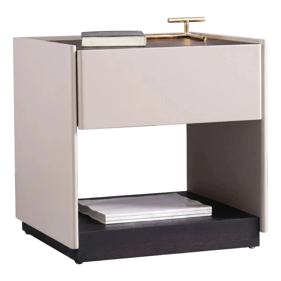 Modern Cream Nightstand with Dark Wood Base