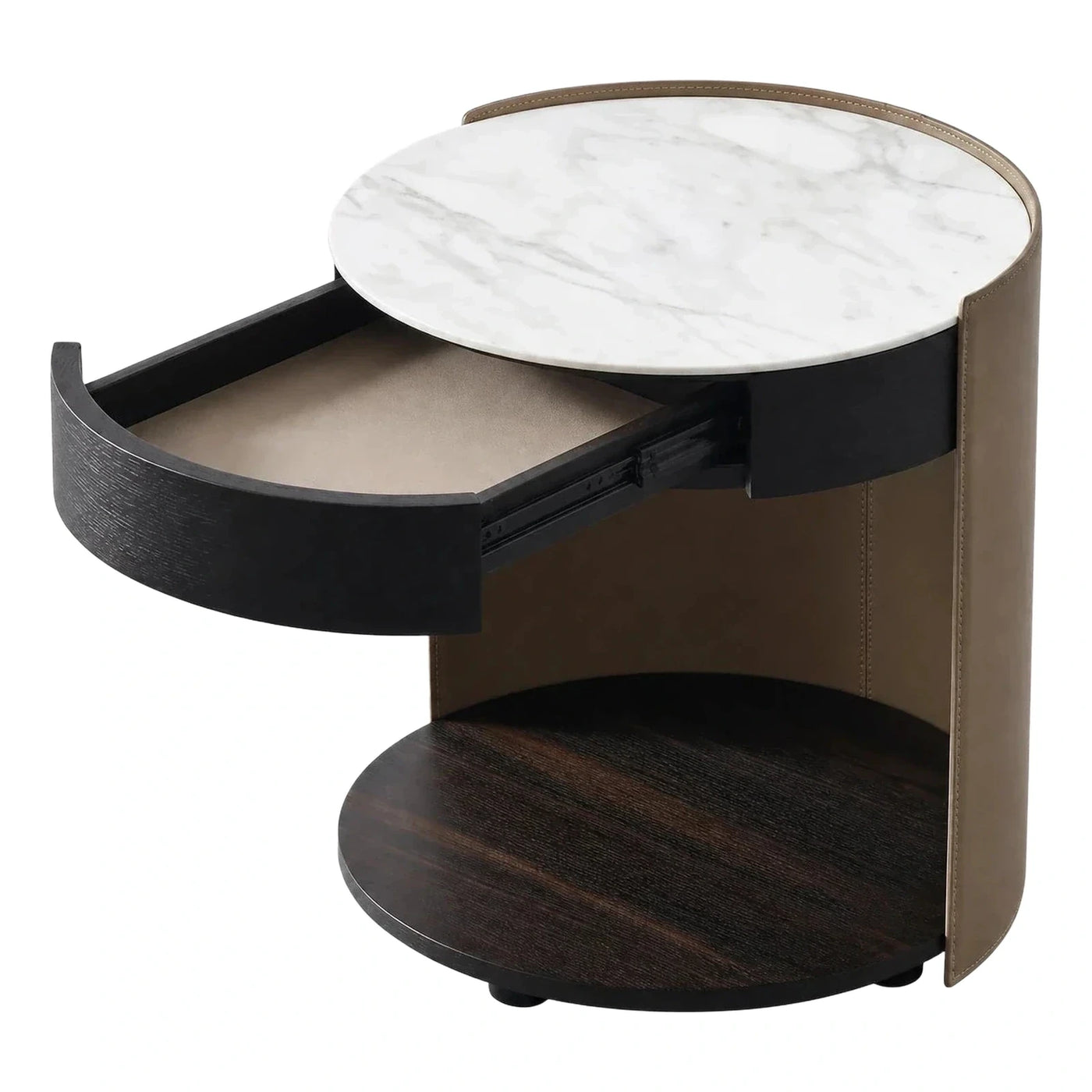 Round Marble Top Leather Nightstand with Drawer