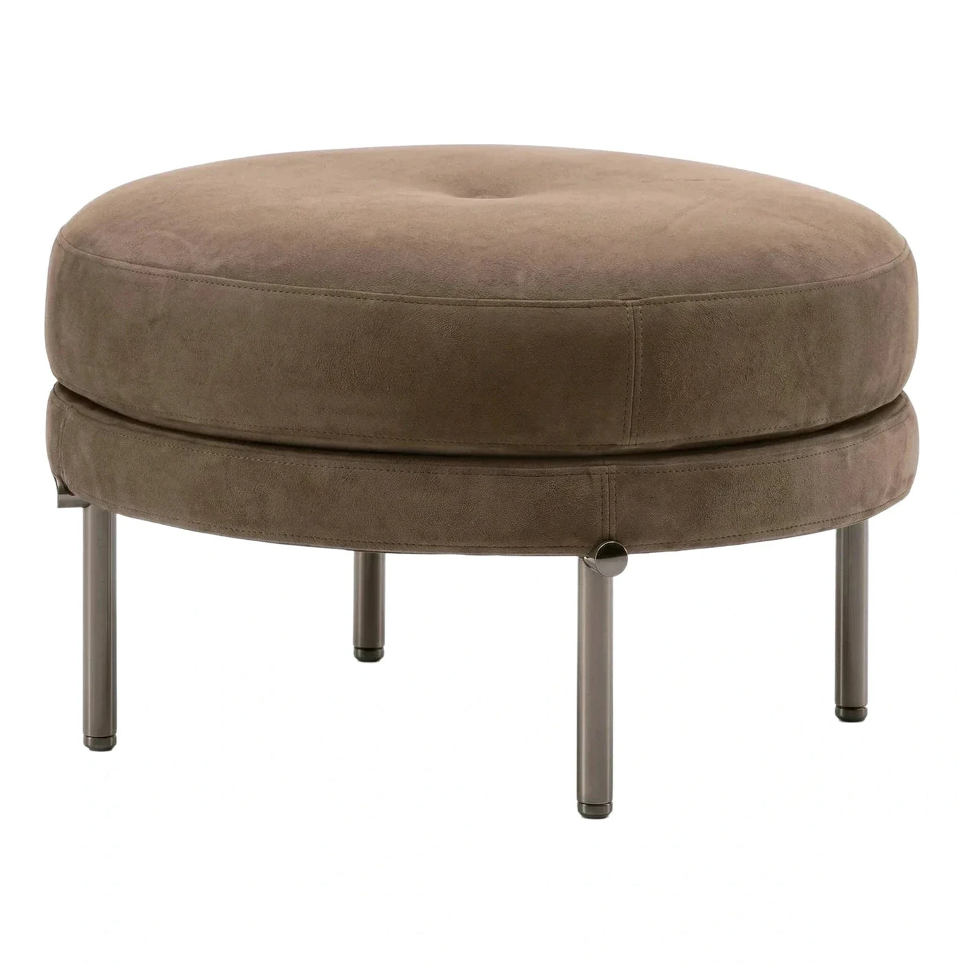 Round Brown Leather Ottoman with Metal Legs