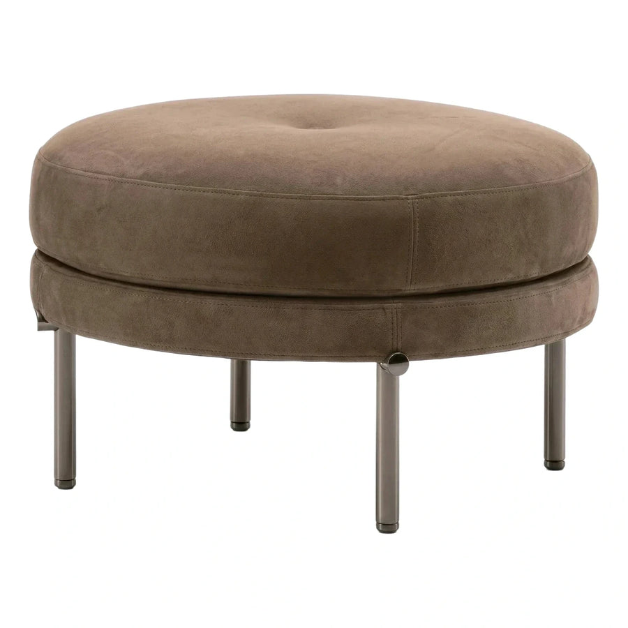 Round Brown Leather Ottoman with Metal Legs
