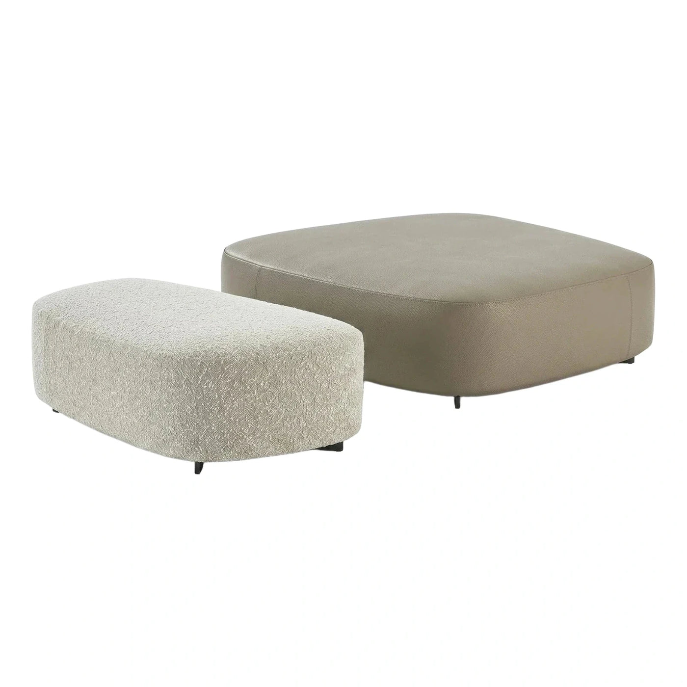 Modern Cream Boucle and Tan Leather Ottomans