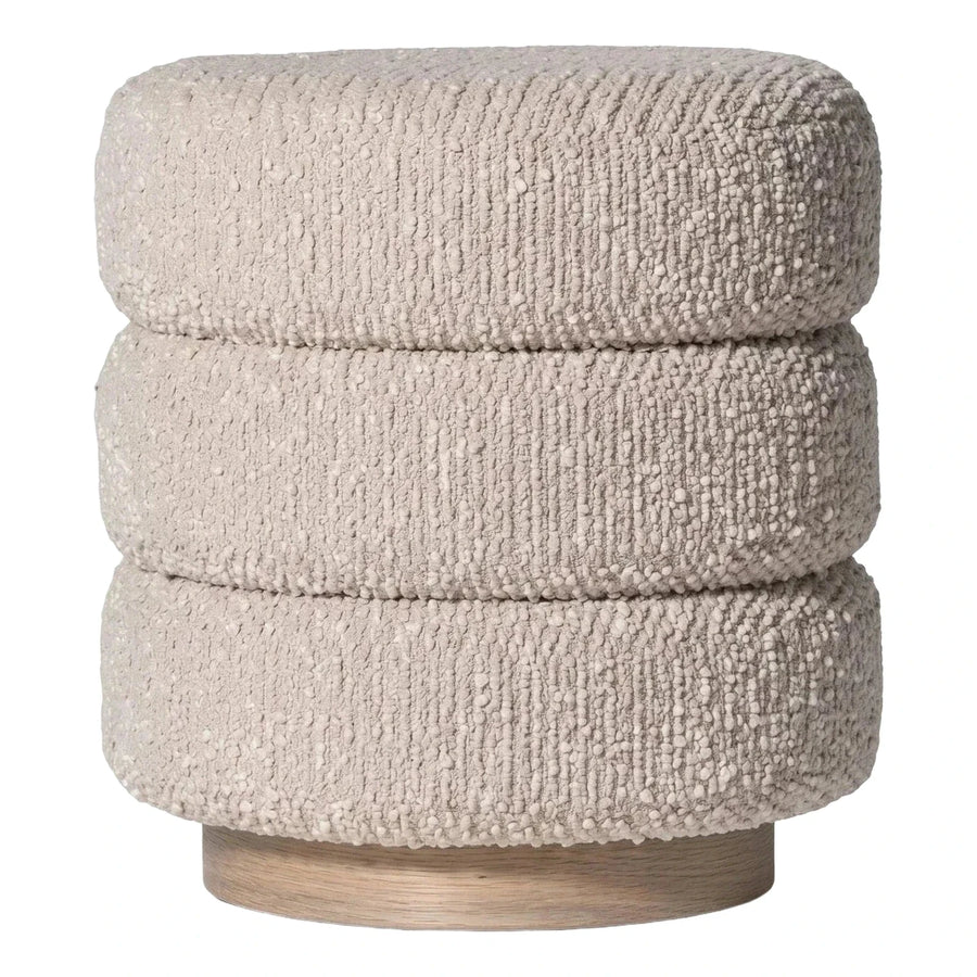 Cream Boucle Tiered Round Ottoman with Wood Base