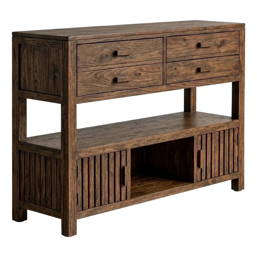 Dark Wood Sideboard with Drawers and Slatted Cabinets