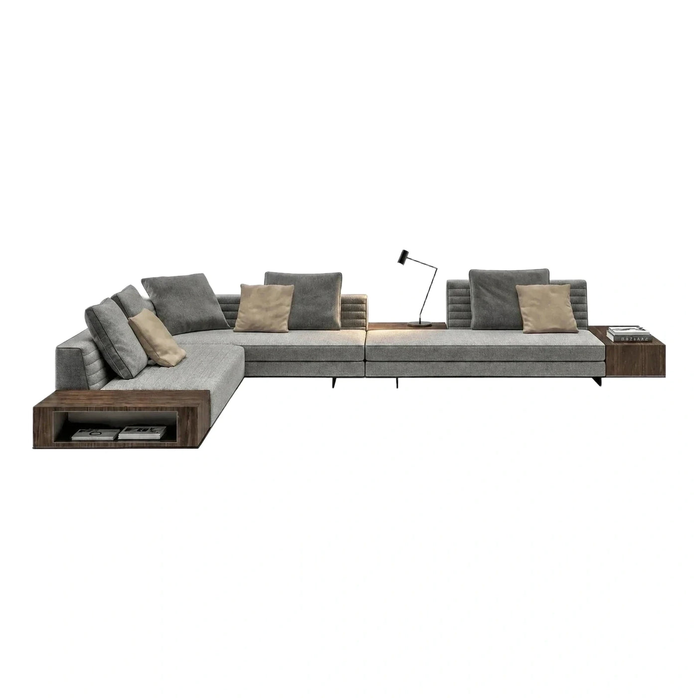 Modern Grey Fabric Sectional Sofa with Walnut Side Tables