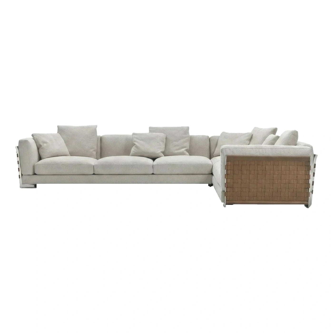 Cream Fabric L-Shaped Sectional with Woven Leather Side
