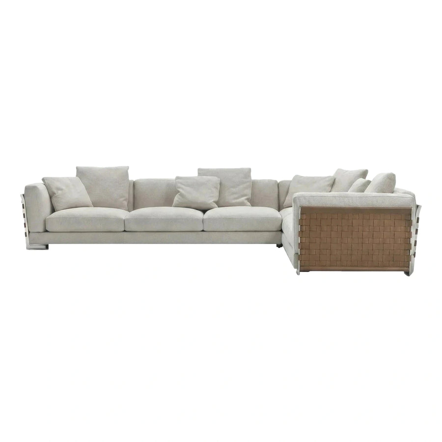 Cream Fabric L-Shaped Sectional with Woven Leather Side