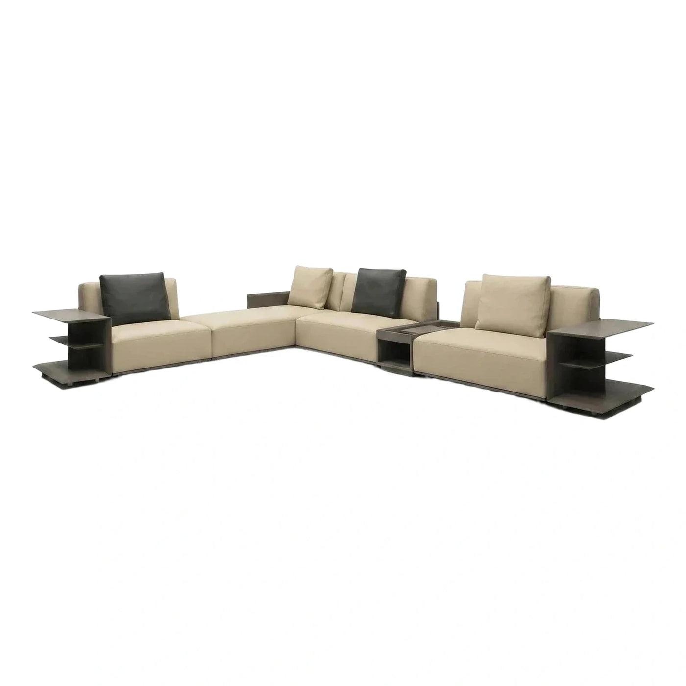 Modern Beige Leather Modular Sectional Sofa with Side Tables