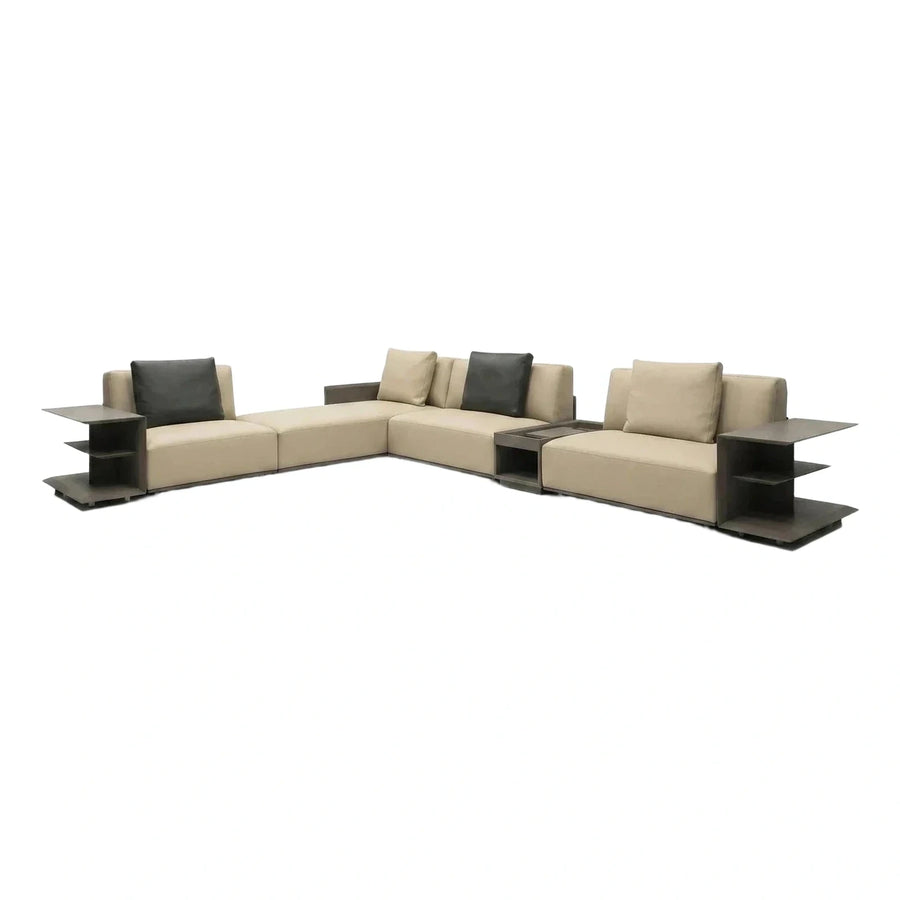 Modern Beige Leather Modular Sectional Sofa with Side Tables