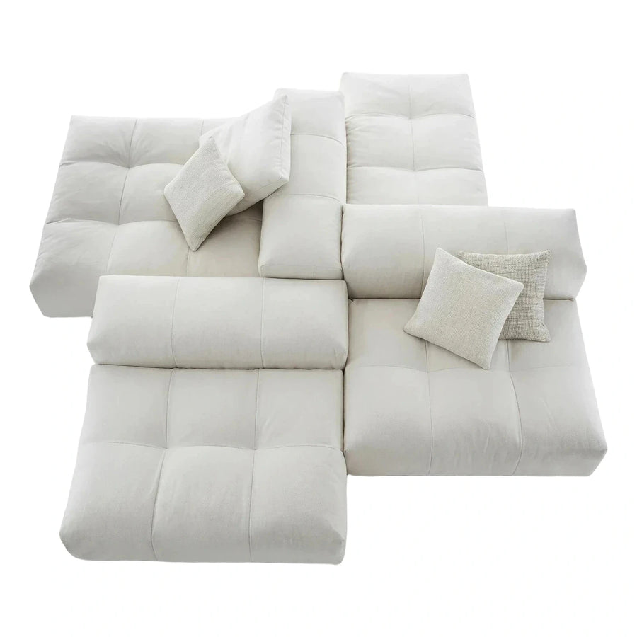Cream Modular Sectional Sofa with Grid Stitching