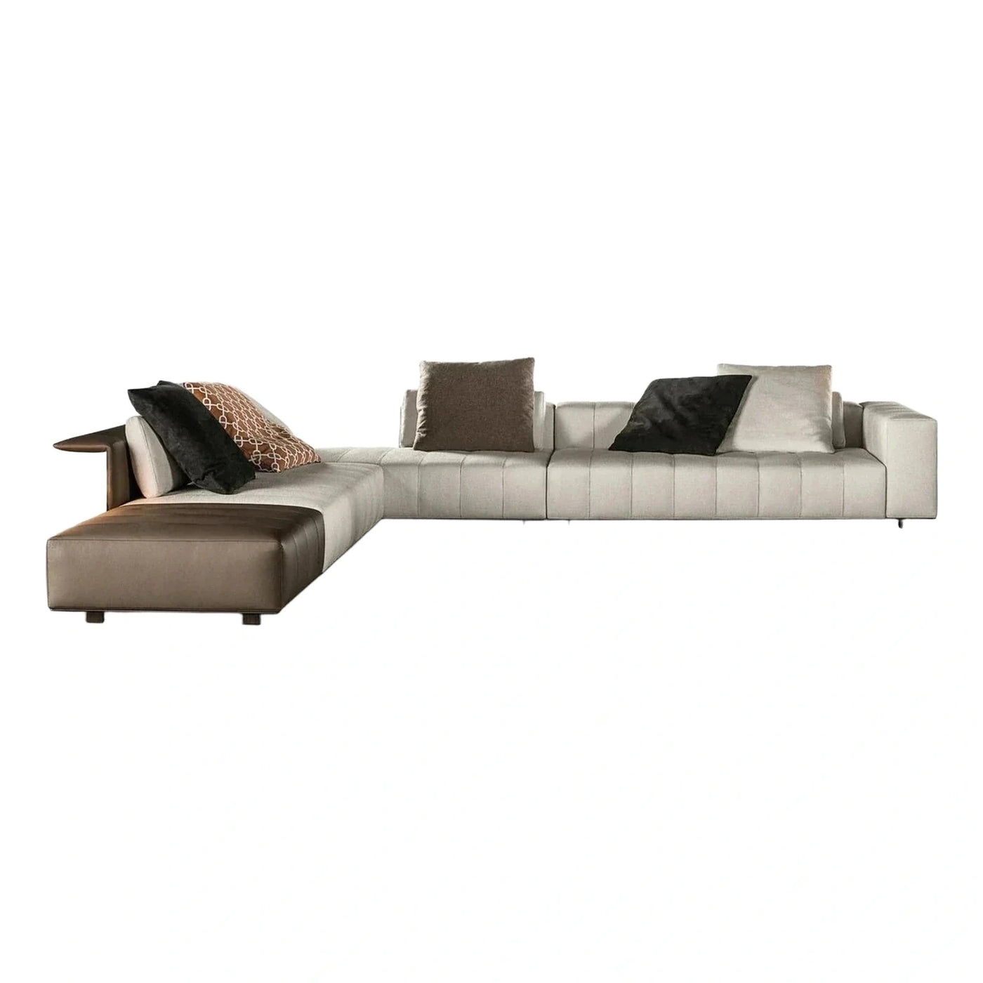 Modern Beige Fabric and Brown Leather Sectional