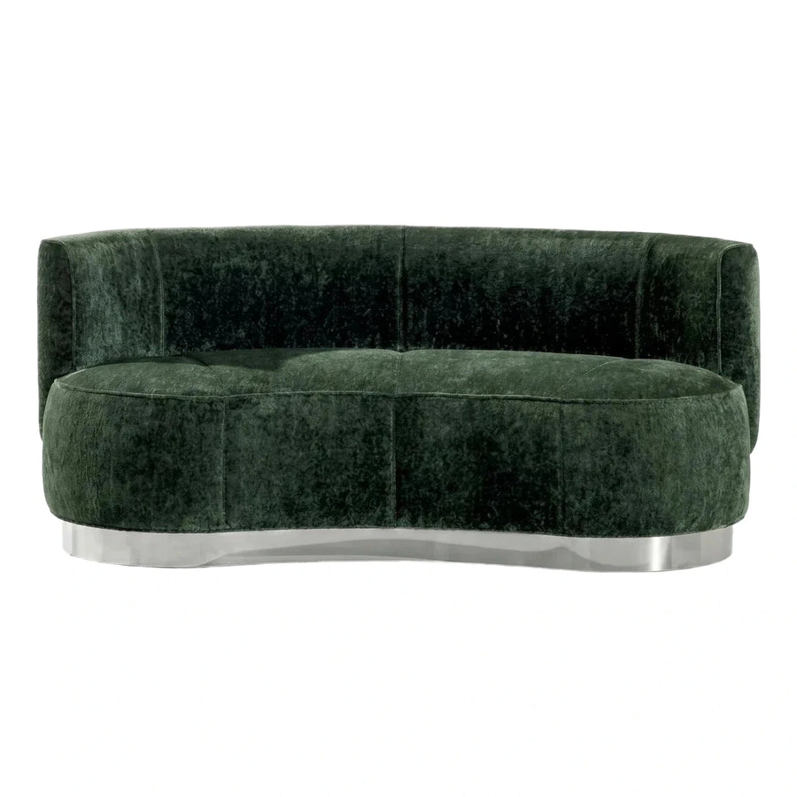 Curved Green Velvet Sofa with Polished Metal Base