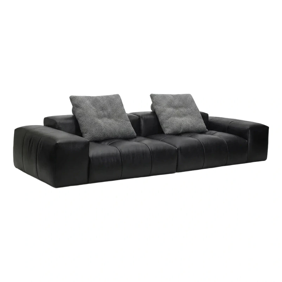 Black Leather Channel Tufted Sofa with Grey Pillows