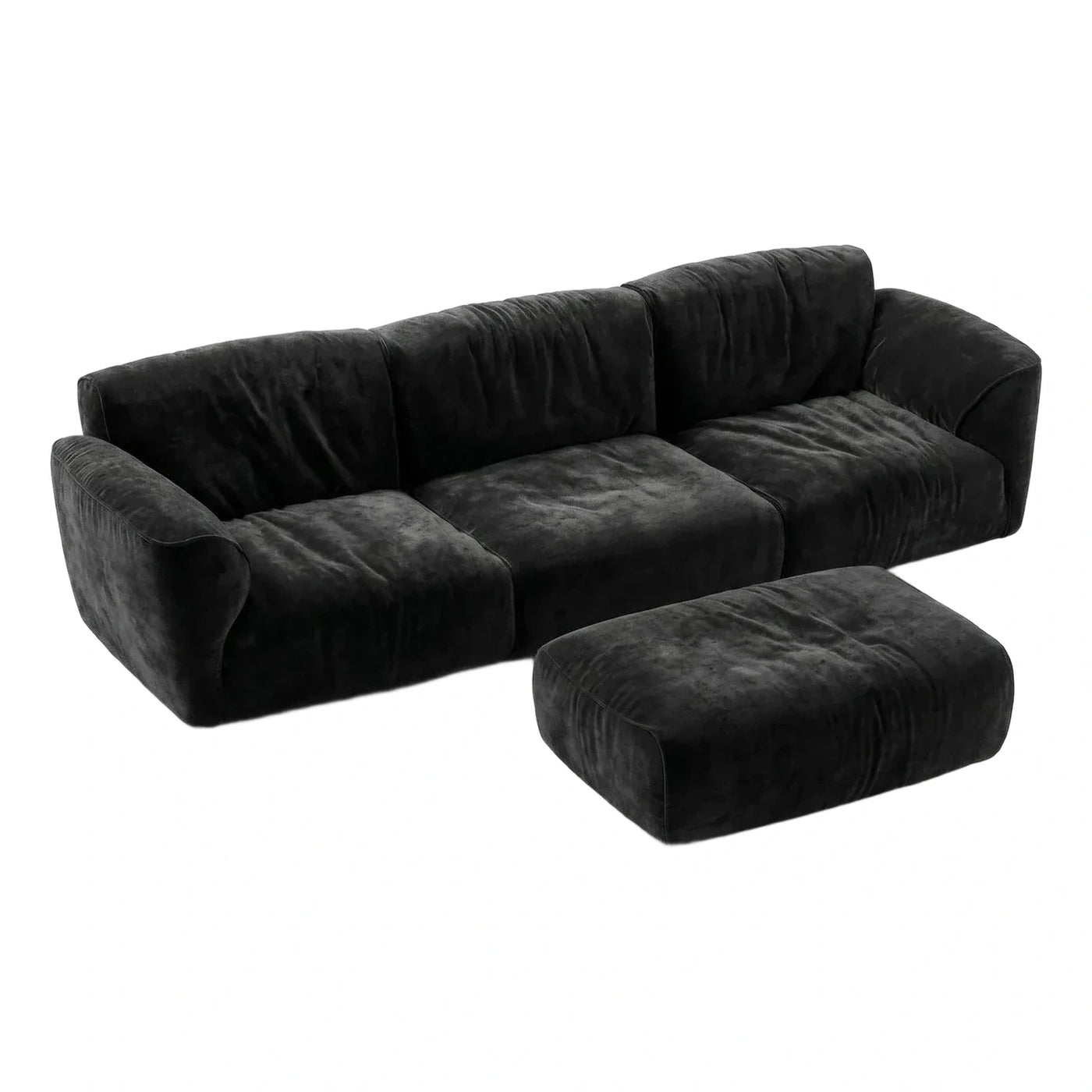 Modern Black Velvet 3-Seater Sofa with Ottoman
