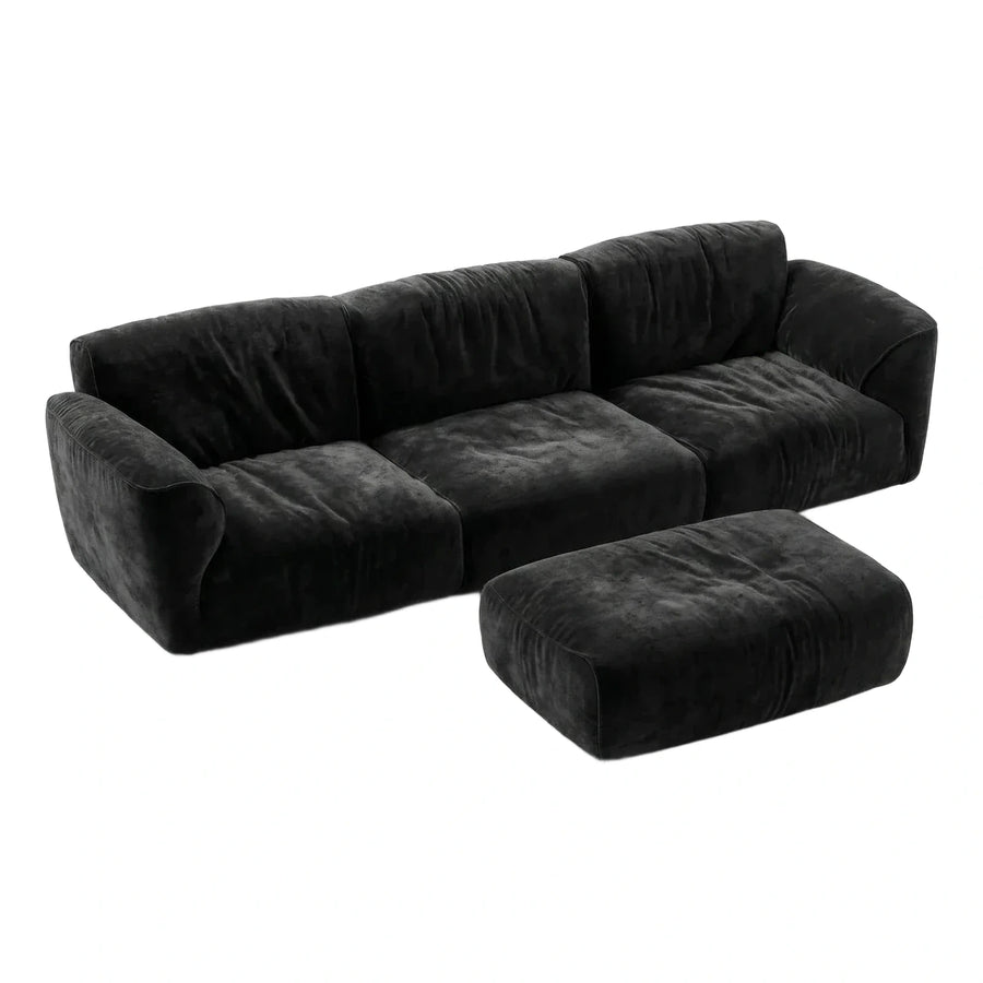 Modern Black Velvet 3-Seater Sofa with Ottoman