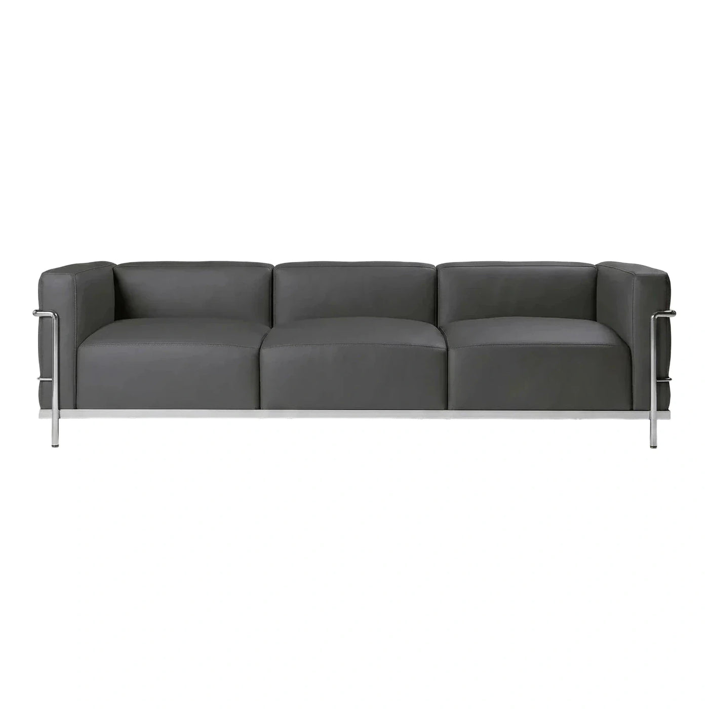 Modern Grey Leather Three-Seater Sofa with Metal Frame