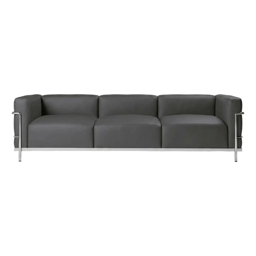 Modern Grey Leather Three-Seater Sofa with Metal Frame
