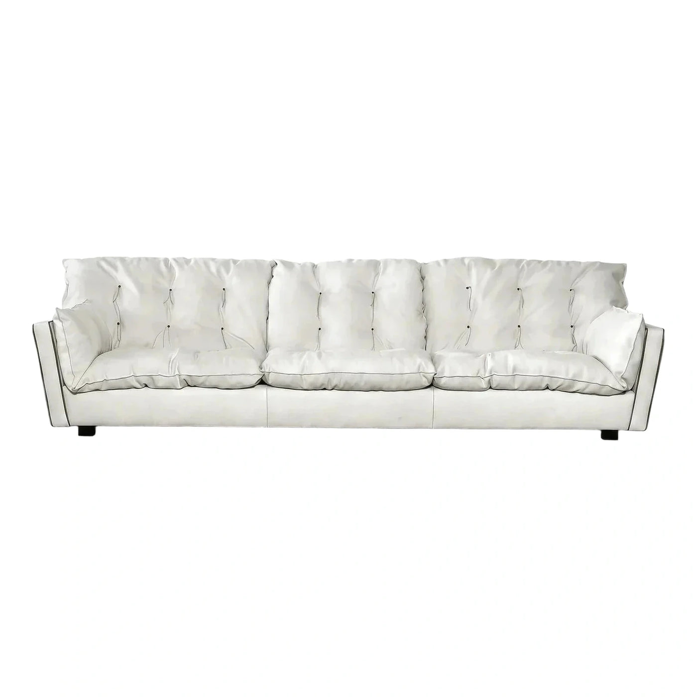 White Leather Sofa with Contrast Piping and Tufting