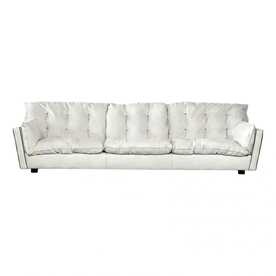White Leather Sofa with Contrast Piping and Tufting