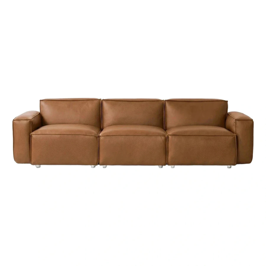 Modern Brown Leather Three-Seater Sofa with Metal Legs
