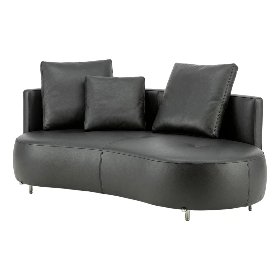 Modern Black Leather Curved Sofa with Metal Legs