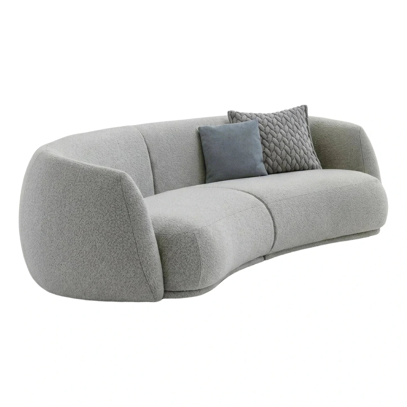 Curved Grey Boucle Sofa with Accent Pillows