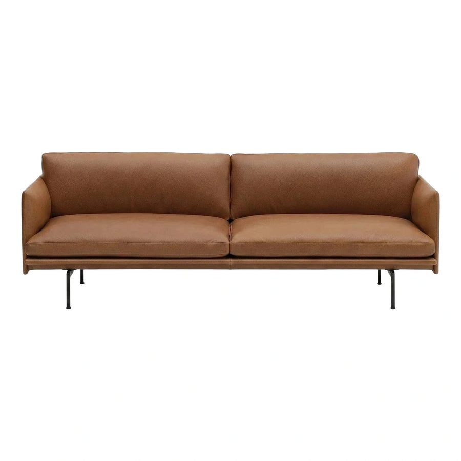 Modern Brown Leather Sofa with Black Metal Legs