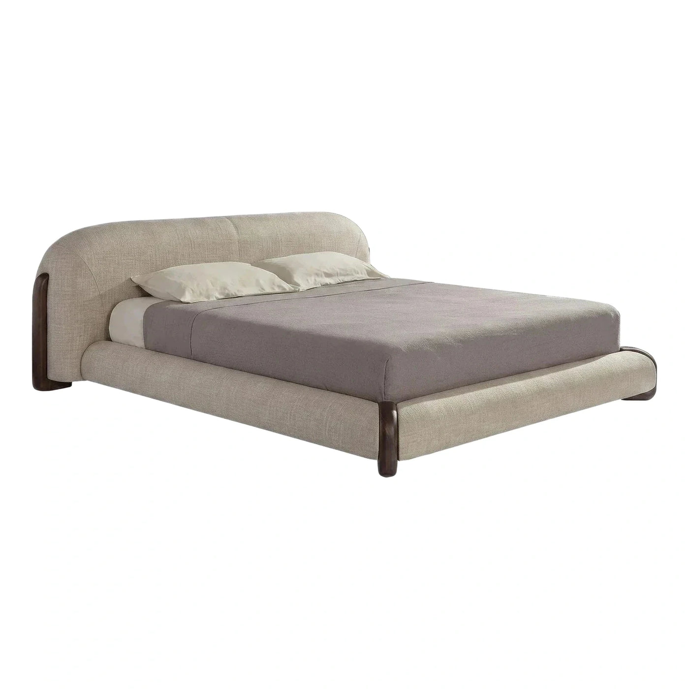 Modern Beige Upholstered Platform Bed with Wood Legs