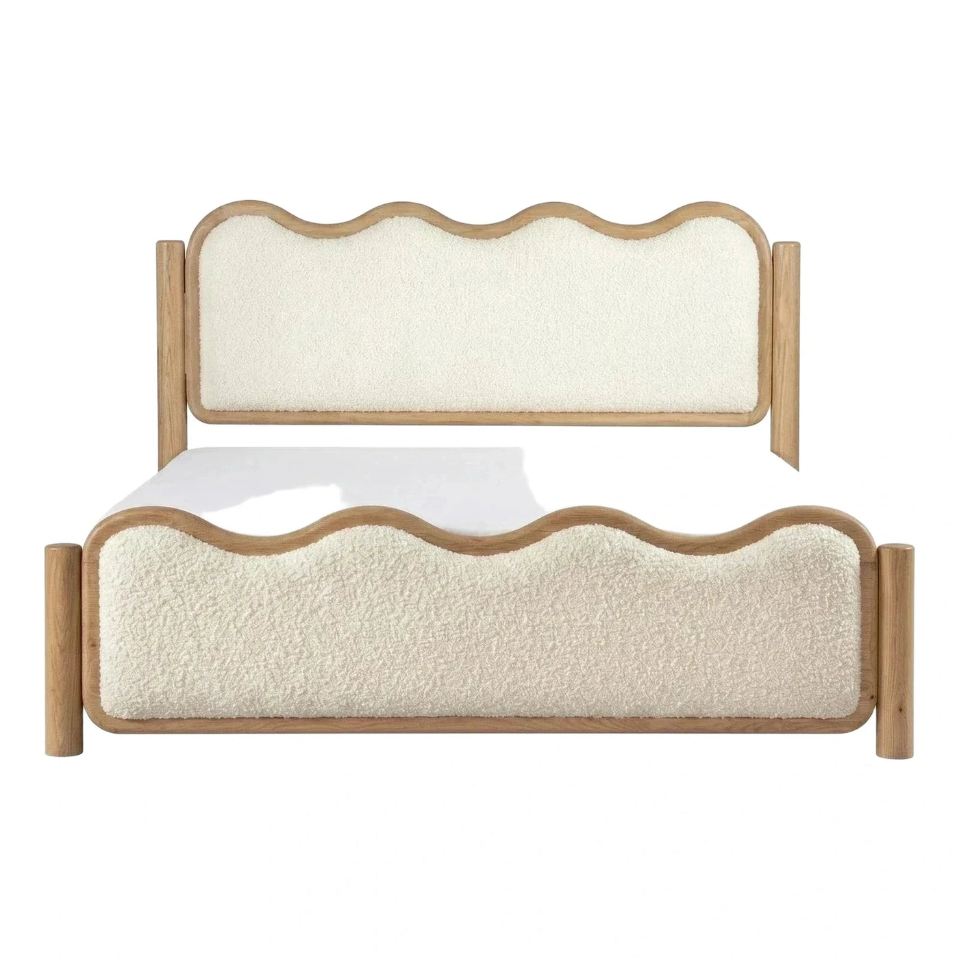 Wavy Cream Boucle Upholstered Bed with Wood Frame
