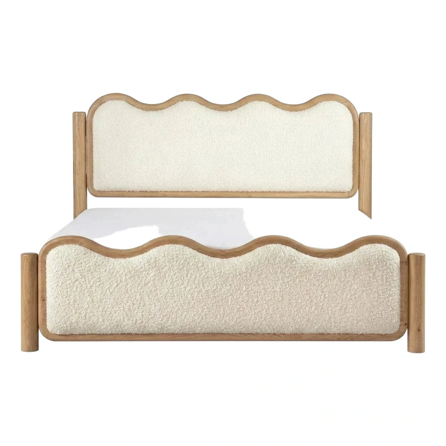 Wavy Cream Boucle Upholstered Bed with Wood Frame
