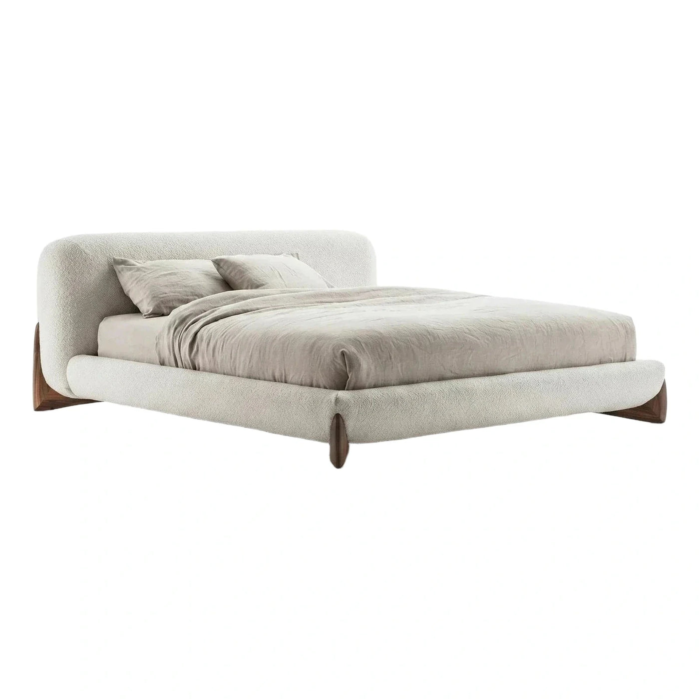 Cream Boucle Upholstered Platform Bed with Wood Legs