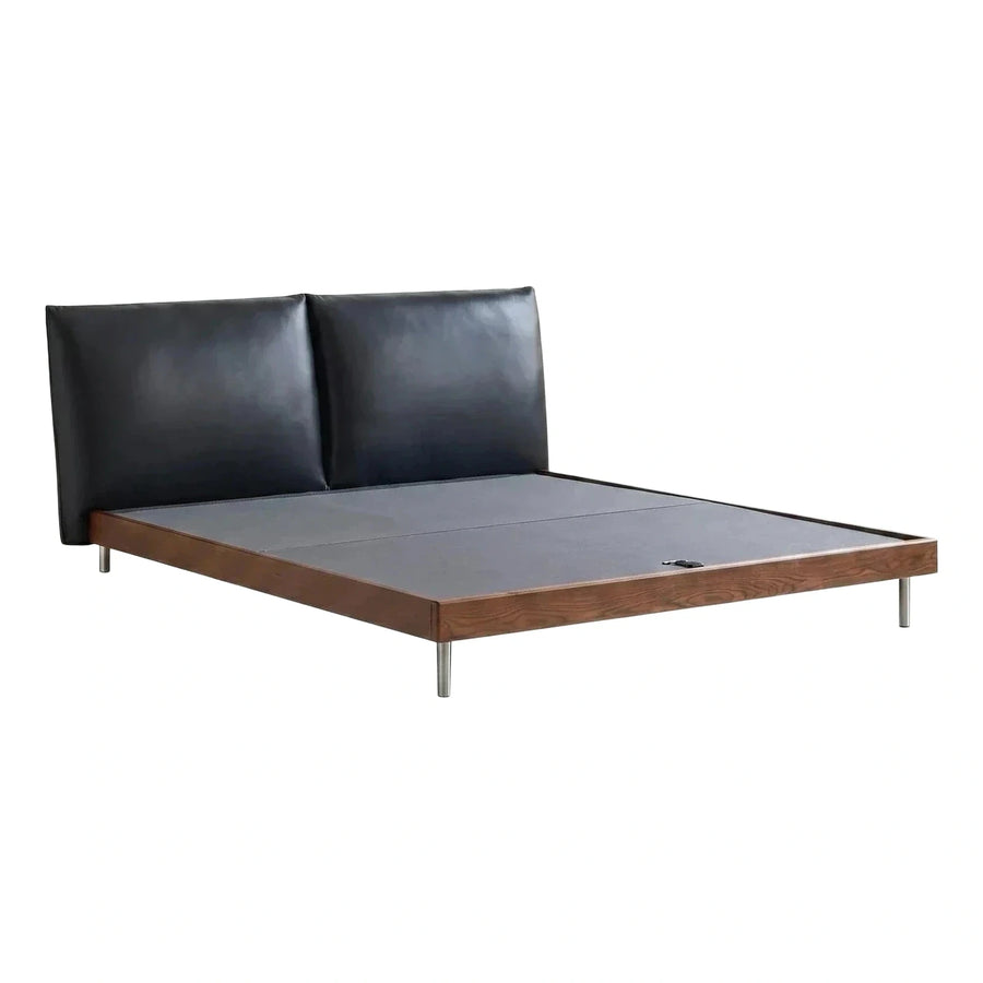 Modern Walnut Platform Bed with Black Leather Headboard