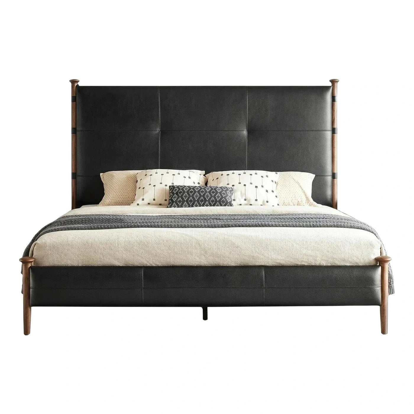Modern Black Leather Upholstered Bed with Wood Posts