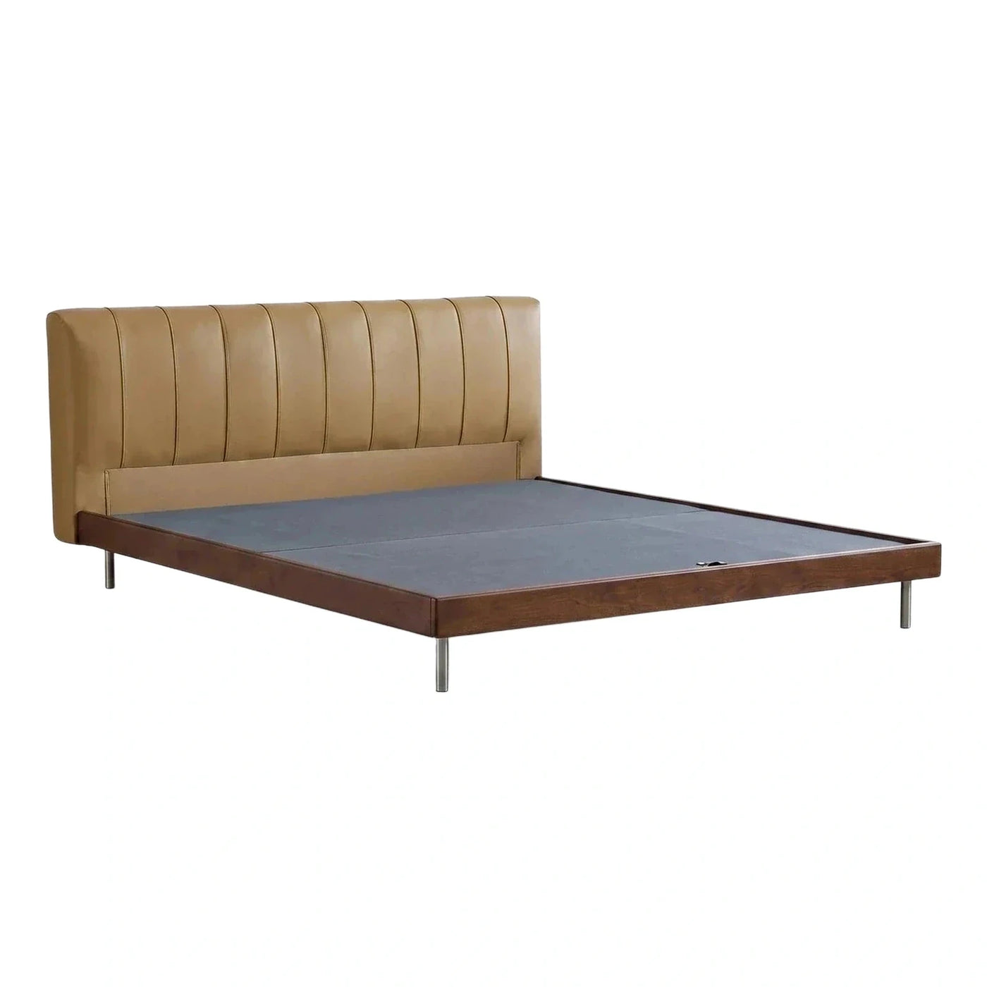 Modern Camel Leather Upholstered Platform Bed with Wood Frame