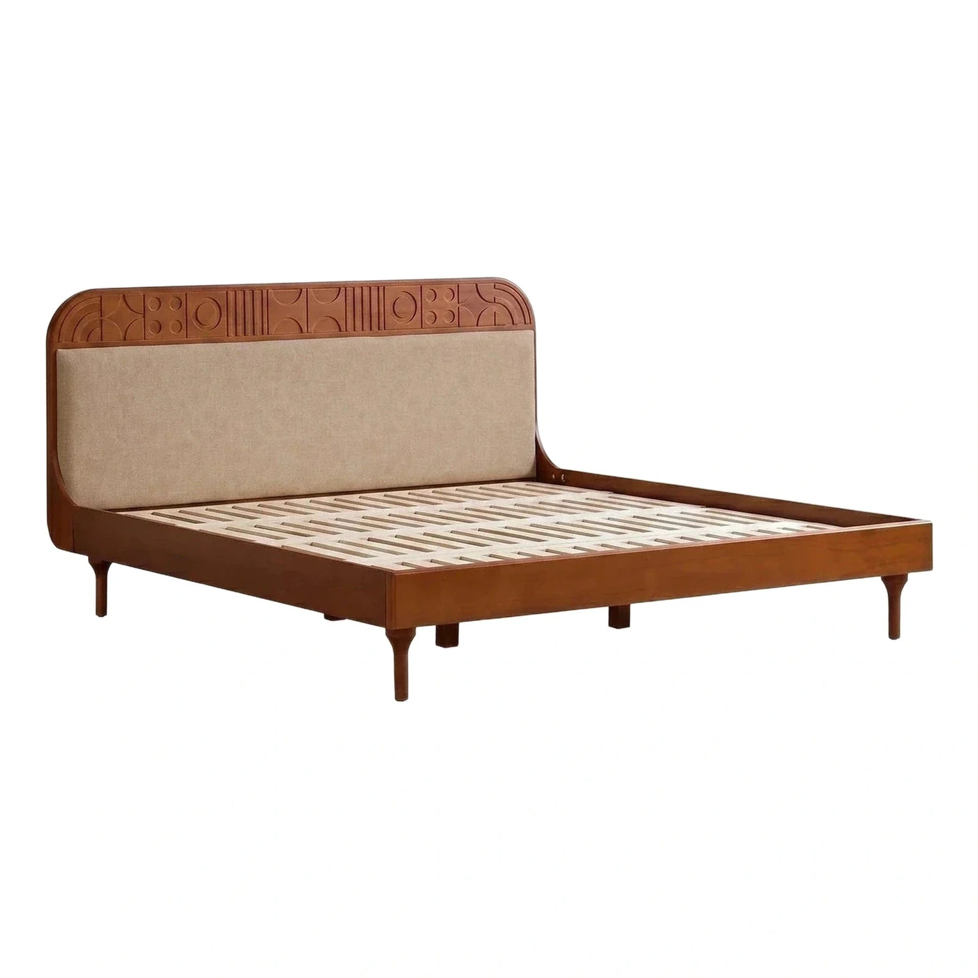 Mid-Century Modern Wood Bed with Geometric Headboard