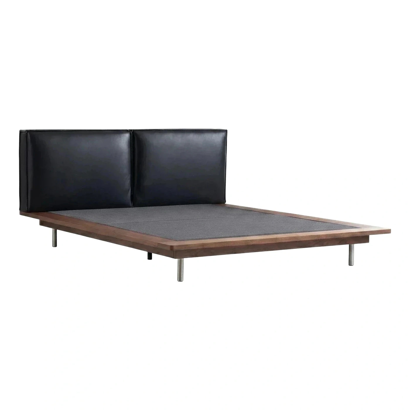 Modern Walnut Platform Bed with Black Leather Headboard