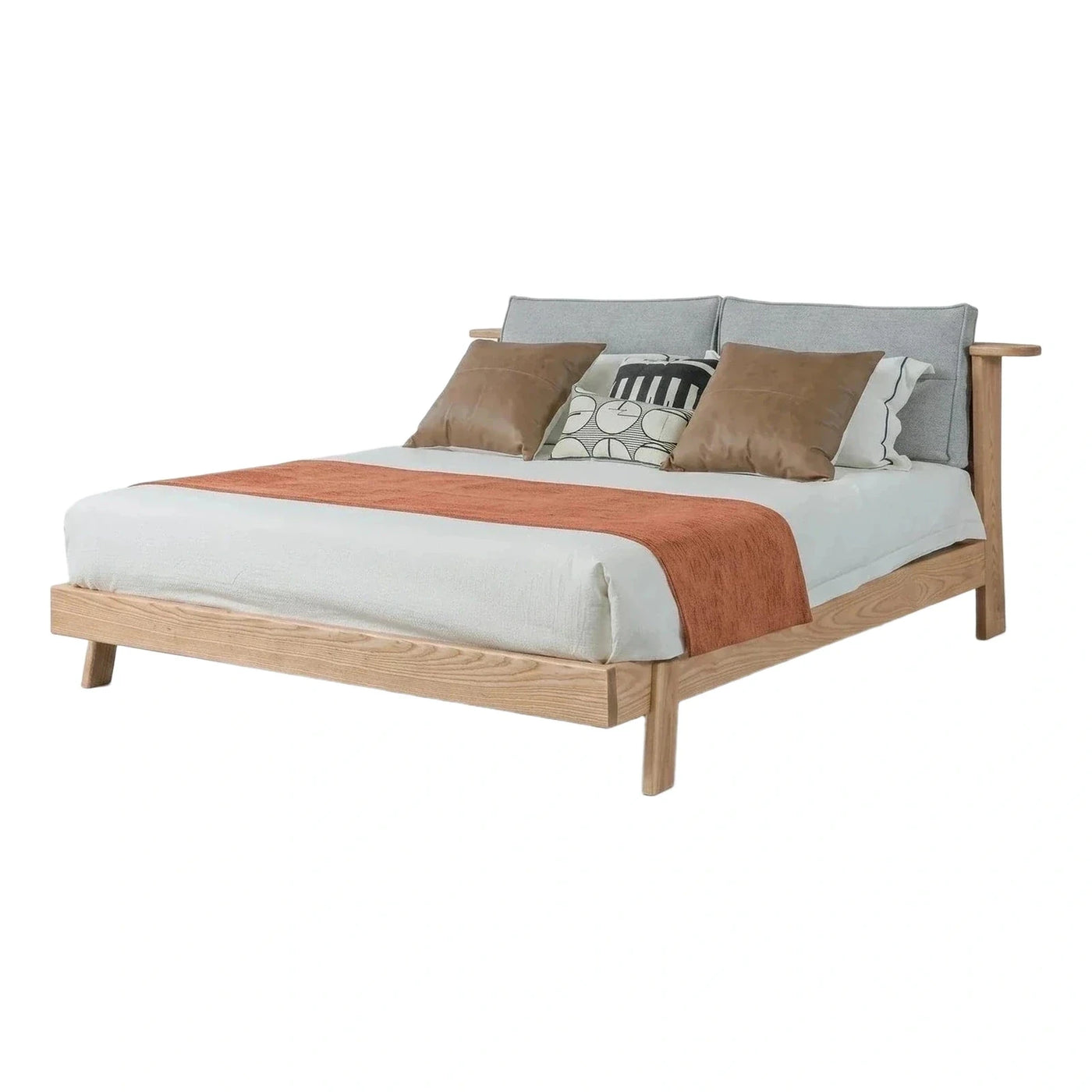 Modern Light Wood Platform Bed with Grey Upholstered Headboard