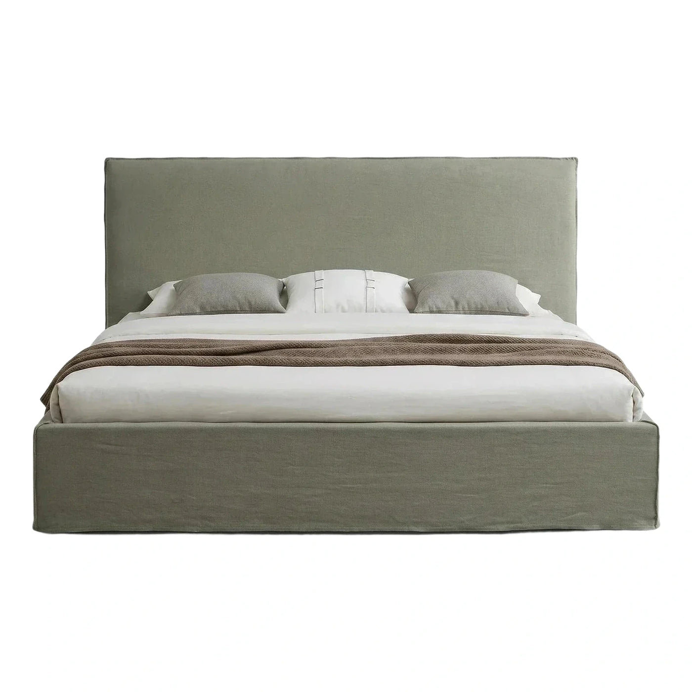 Modern Sage Green Upholstered Platform Bed with Tall Headboard