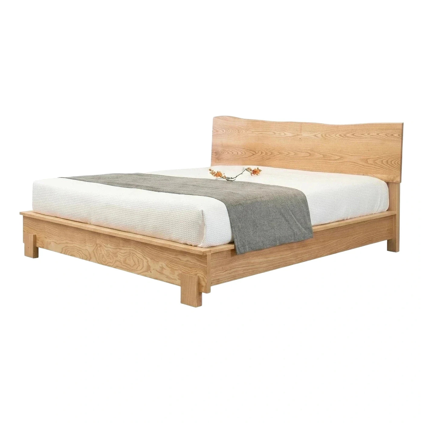 Natural Wood Platform Bed with Wavy Headboard