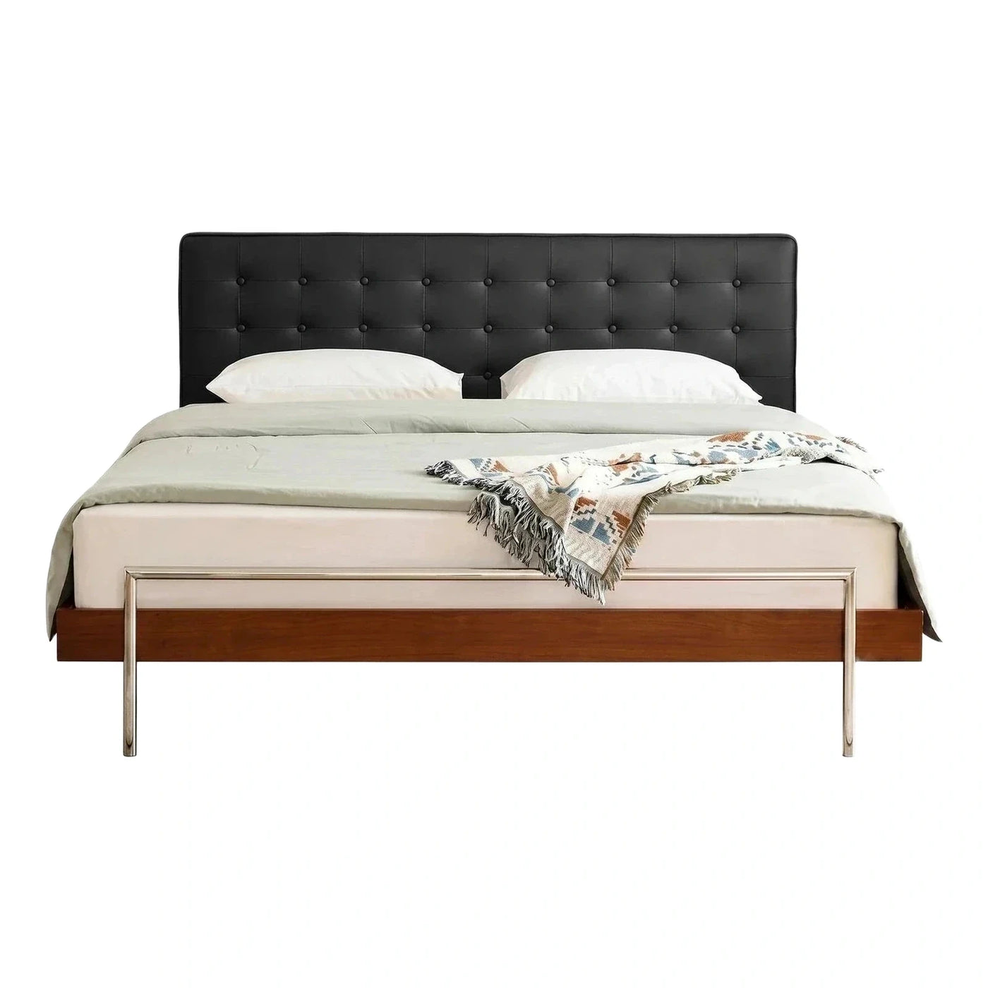 Black Tufted Leather Platform Bed with Metal Frame