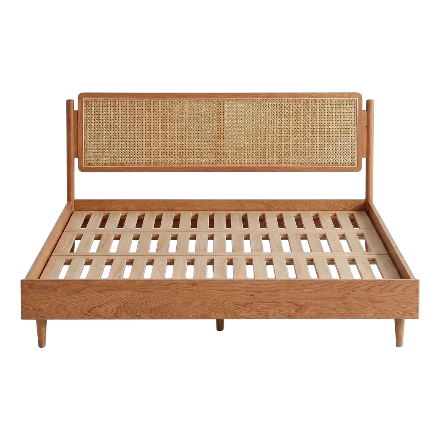 Mid-Century Modern Wood Bed Frame with Cane Headboard