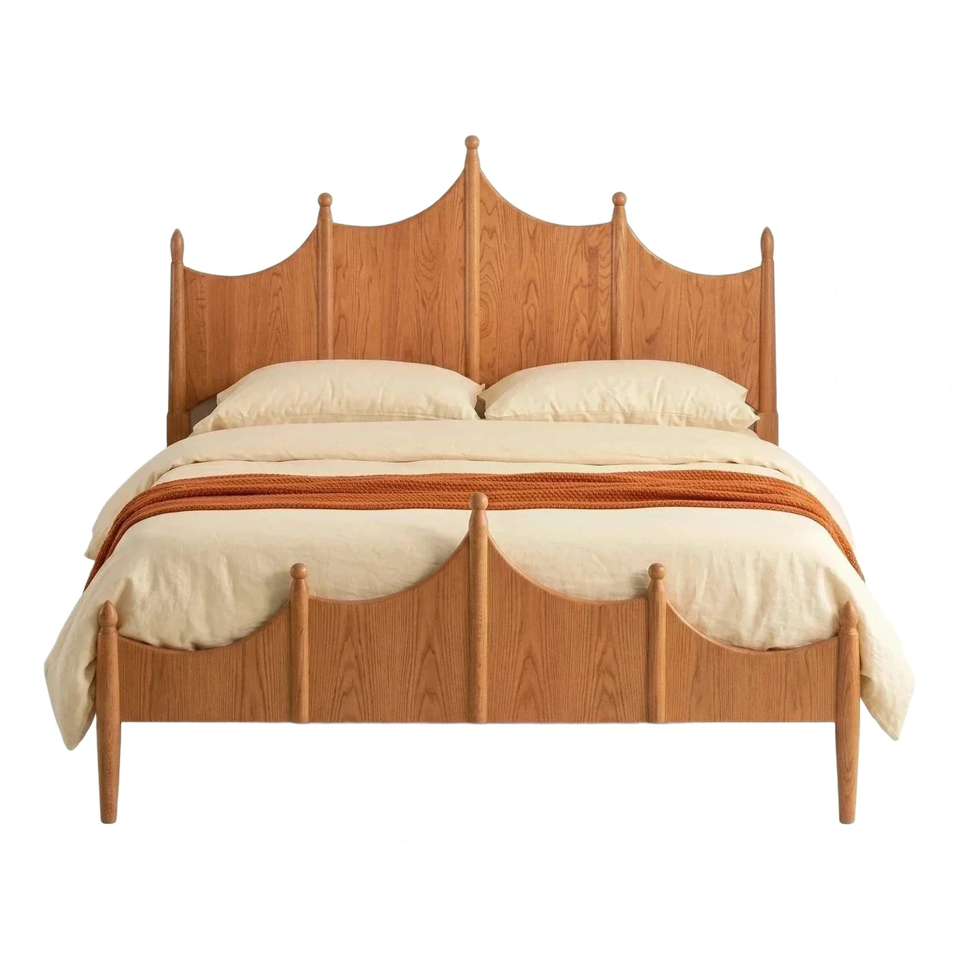Natural Wood Scalloped Bed Frame with Finial Posts