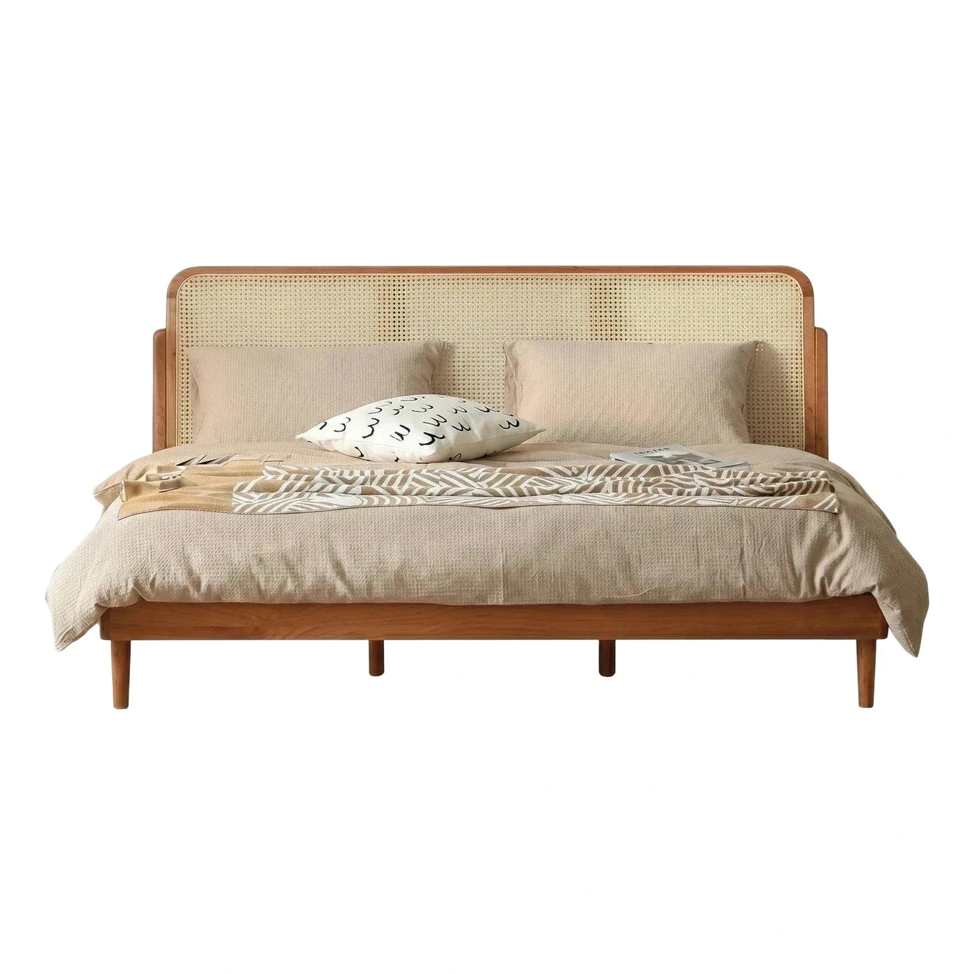 Mid-Century Modern Rattan Headboard Wooden Bed Frame