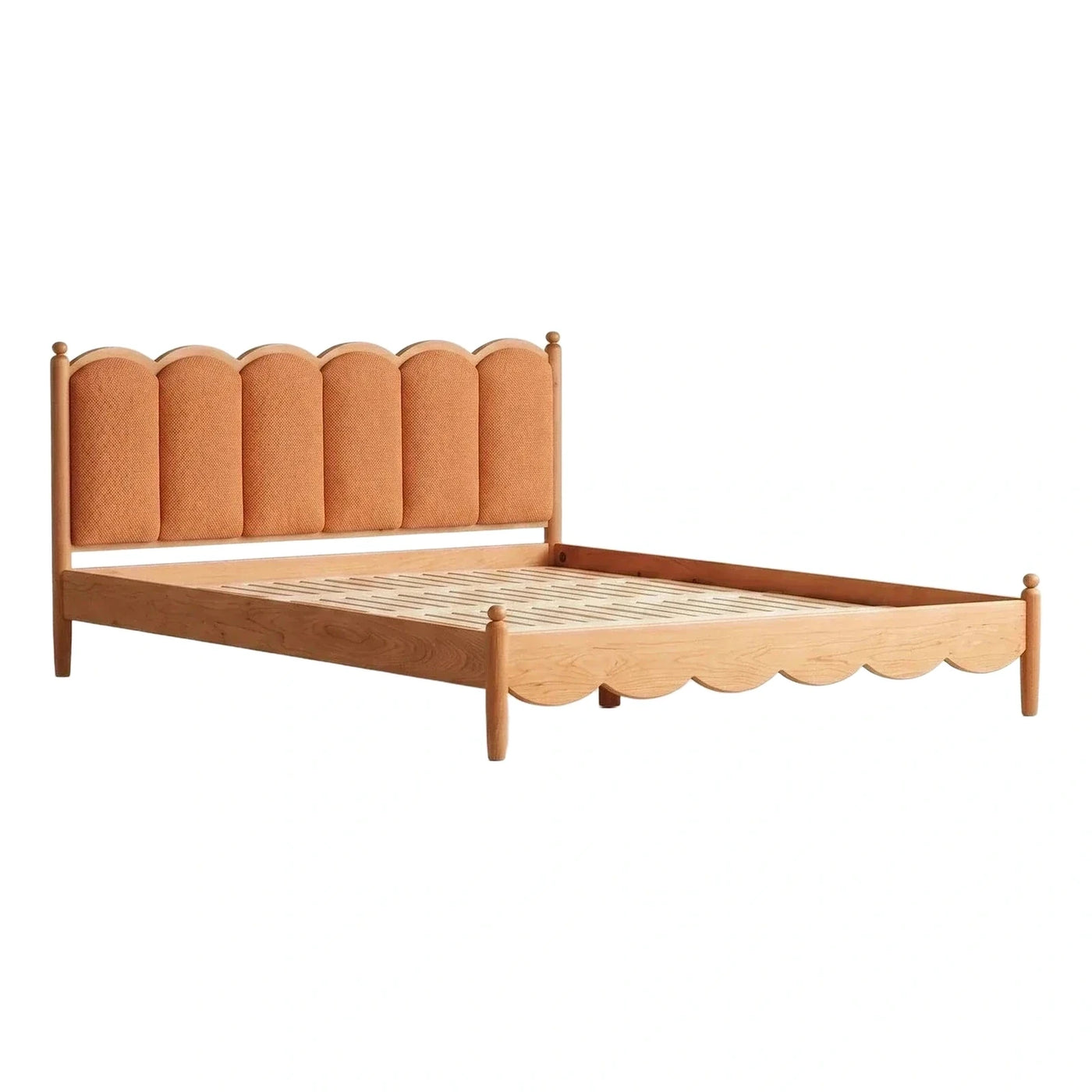Scalloped Light Wood Bed Frame with Orange Upholstered Headboard