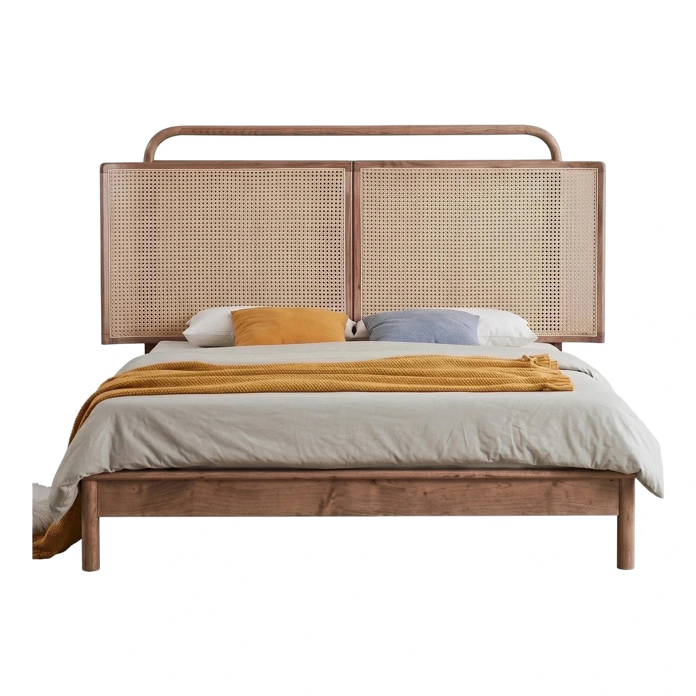 Walnut Wood Bed with Arched Cane Headboard