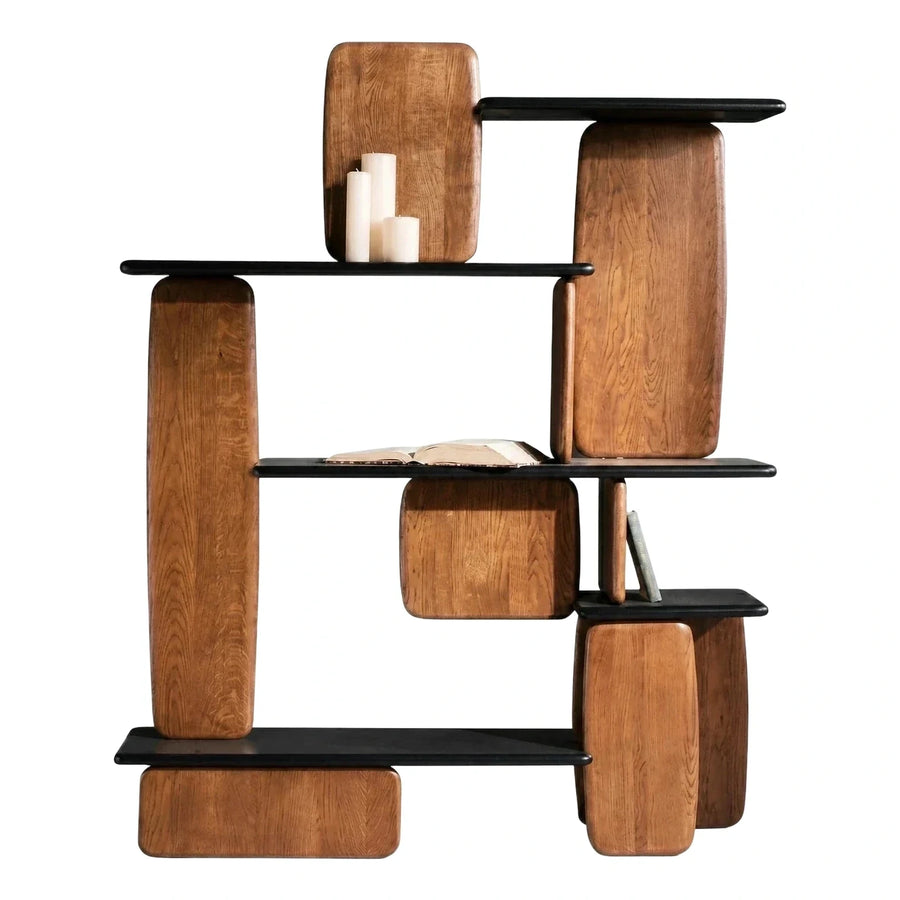 Asymmetrical Modern Wood and Black Bookcase