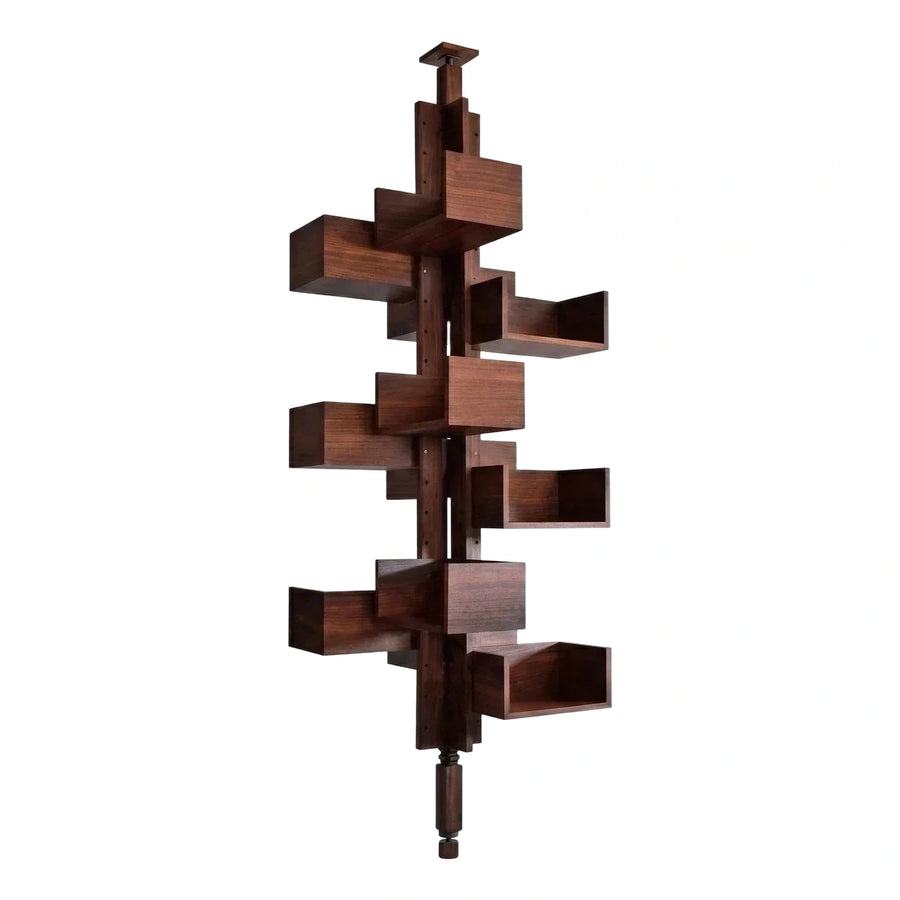 Dark Wood Asymmetrical Floor-to-Ceiling Bookshelf