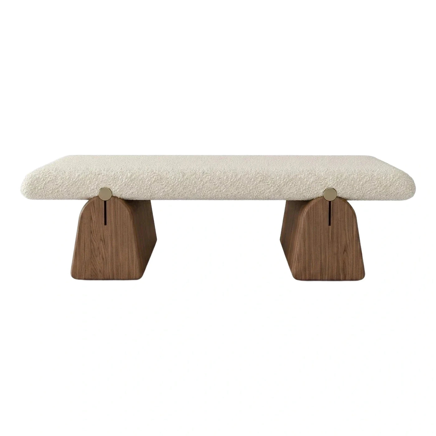 Cream Boucle Bench with Walnut Legs and Brass Detail