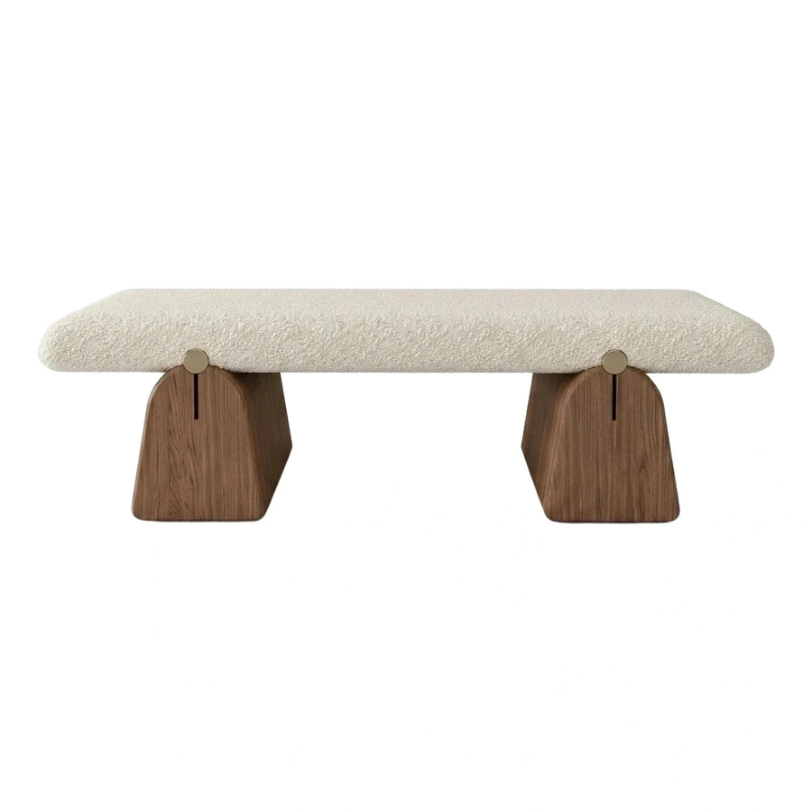 Cream Boucle Bench with Walnut Legs and Brass Detail