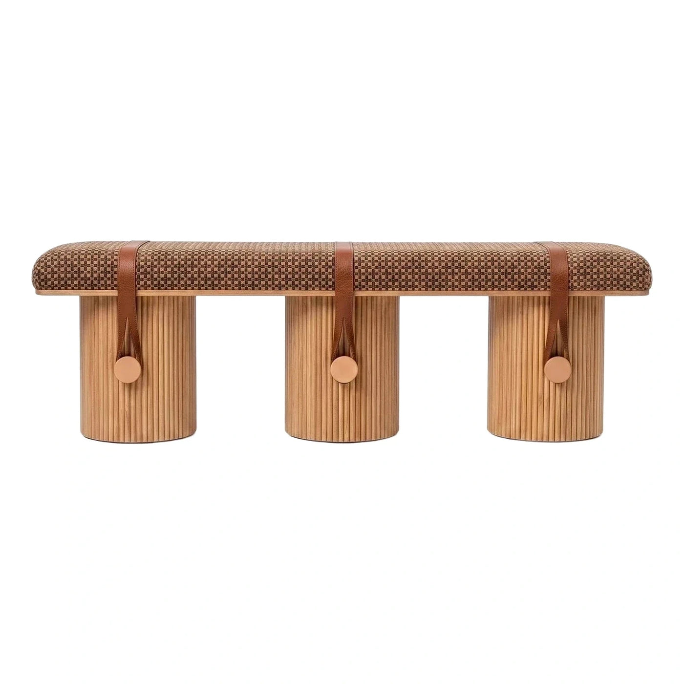 Fluted Wood Bench with Leather Straps and Brown Cushion